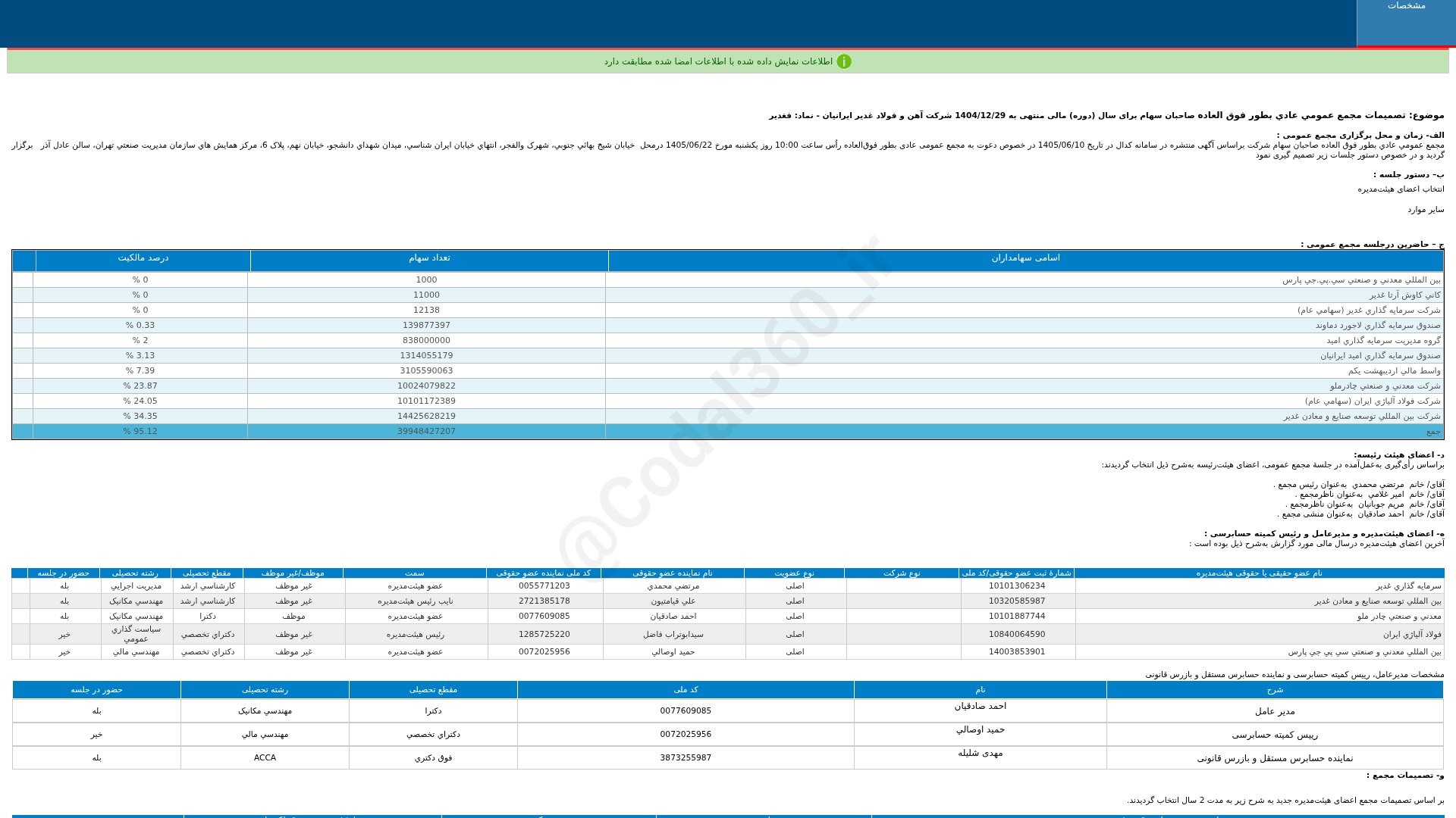 «فغدیر تصمیمات مجمع عمومی عادی به طور فوق العاده دوره 12 ماهه منتهی به 1404/12/29 شرکت آهن…» — تصویر پیوست