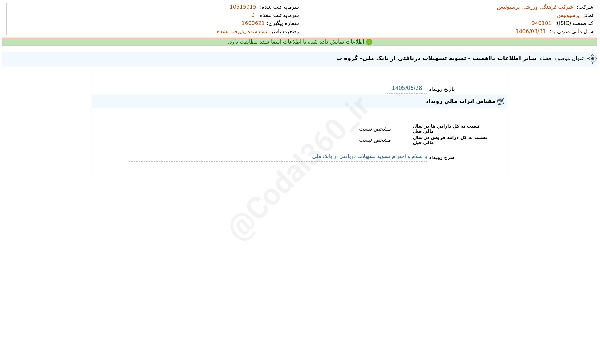 «پرسپولیس افشای اطلاعات بااهمیت - (سایر اطلاعات بااهمیت - تسویه تسهیلات دریافتی از بانک…» — تصویر پیوست