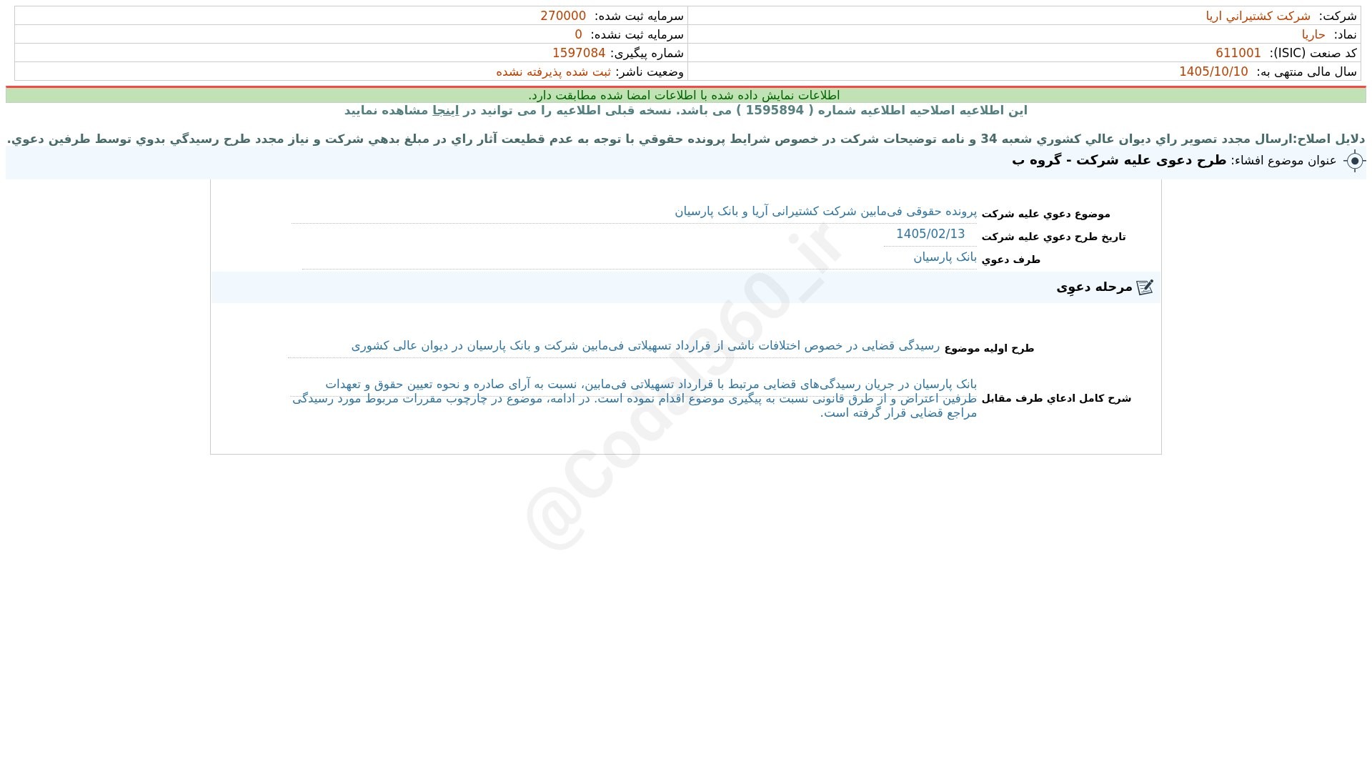 «حاریا افشای اطلاعات بااهمیت - (طرح دعوی علیه شرکت - گروه ب) منتهی به سال مالی…» — تصویر پیوست