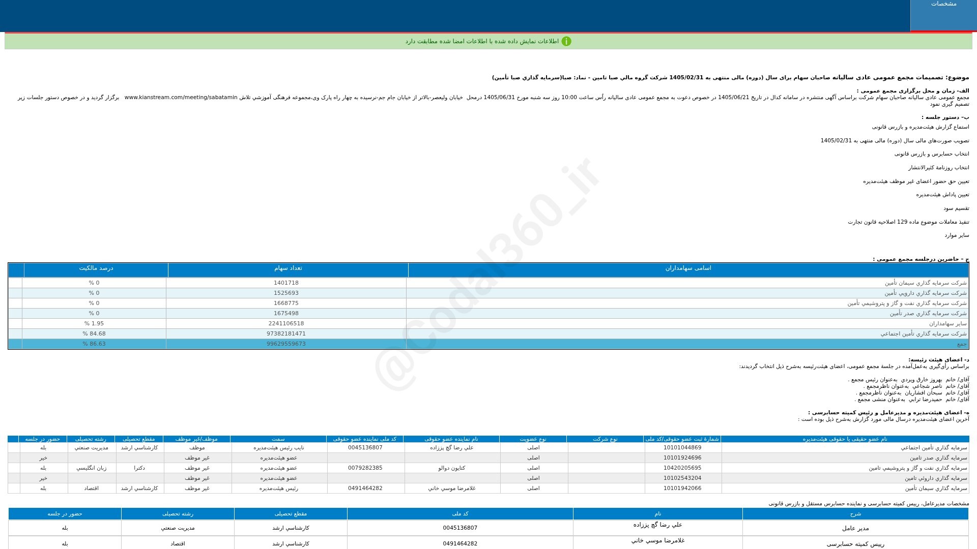 «صبا تصمیمات مجمع عمومی عادی سالیانه دوره 12 ماهه منتهی به 1405/02/31 شرکت گروه مالی صبا…» — تصویر پیوست