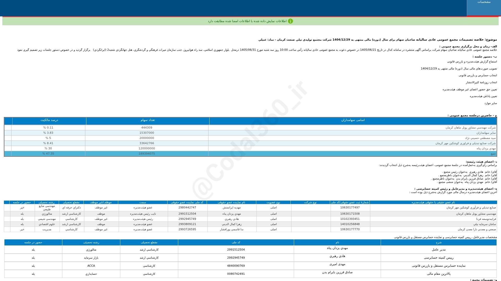 «غنیلی خلاصه تصمیمات مجمع عمومی عادی سالیانه دوره 12 ماهه منتهی به 1404/12/29 شرکت مجتمع…» — تصویر پیوست