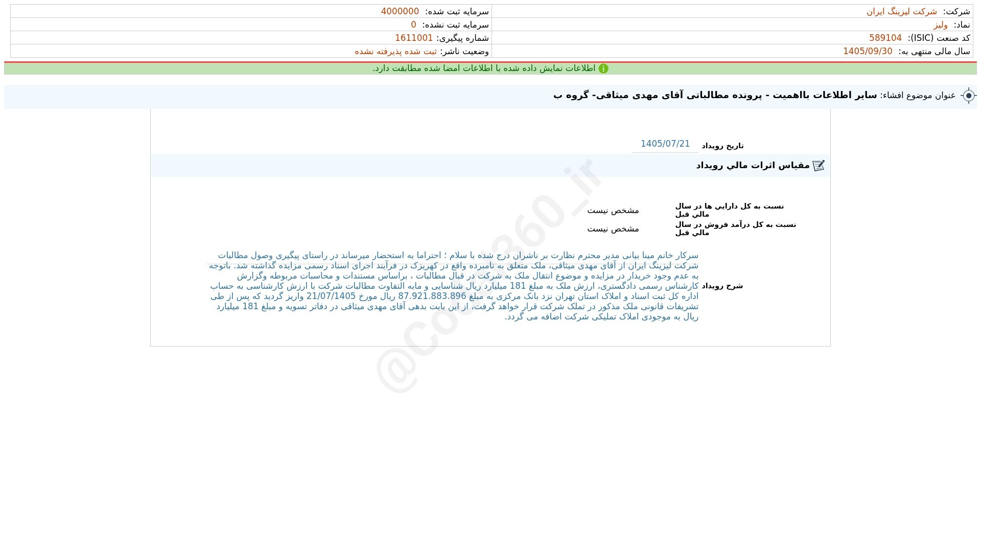 «ولیز افشای اطلاعات بااهمیت - (سایر اطلاعات بااهمیت - پرونده مطالباتی آقای مهدی میثاقی…» — تصویر پیوست
