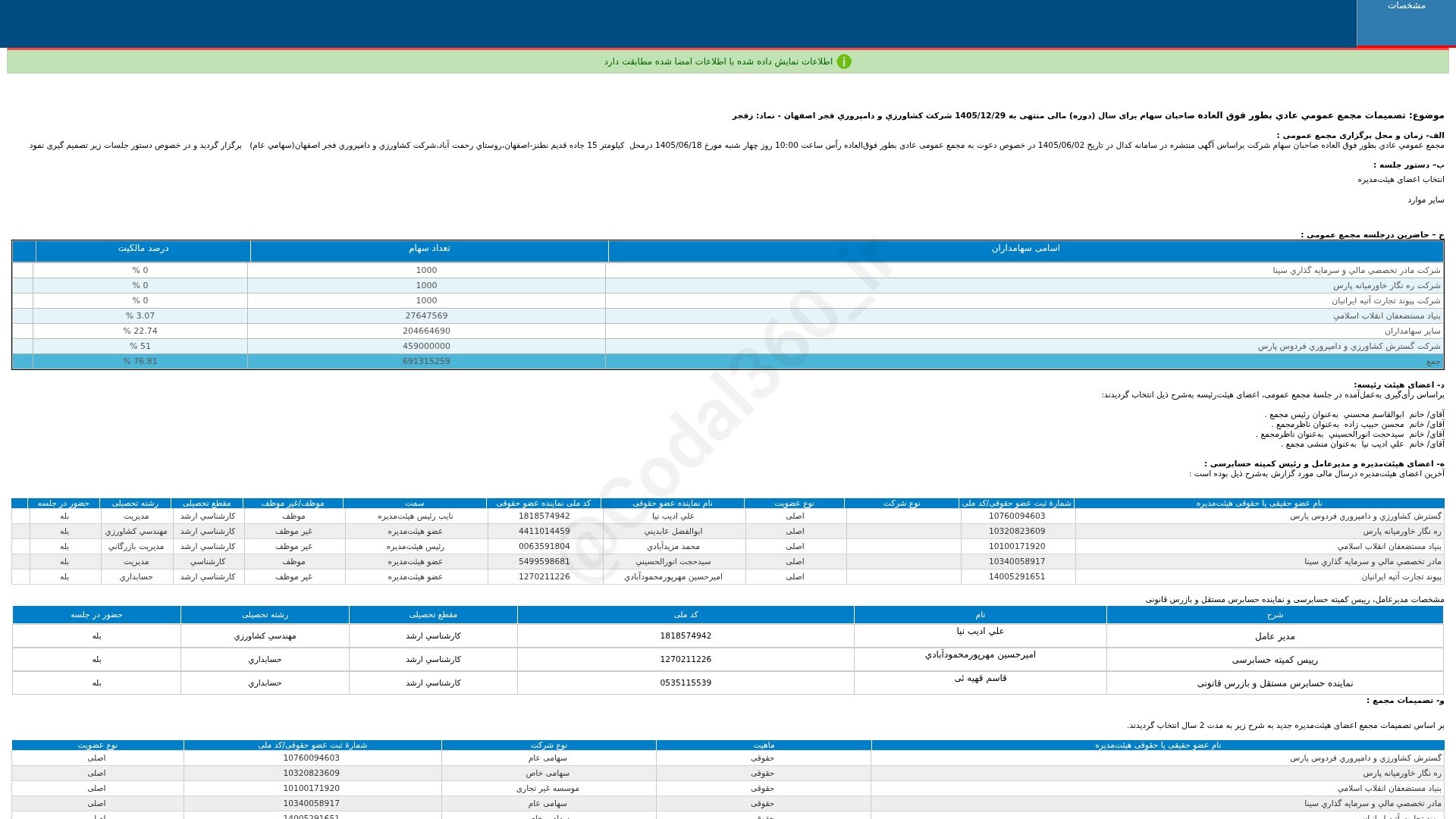 «زفجر تصمیمات مجمع عمومی عادی به طور فوق العاده دوره 12 ماهه منتهی به 1405/12/29 شرکت…» — تصویر پیوست