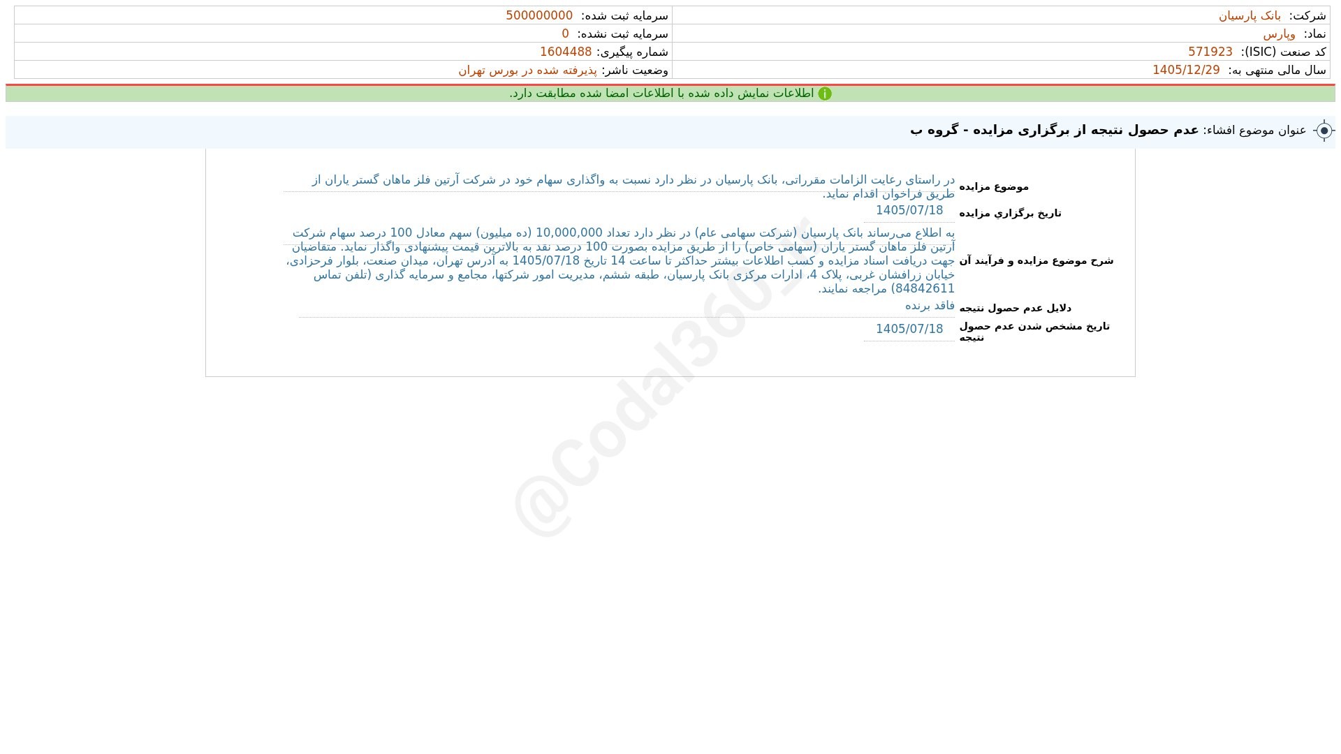 «وپارس افشای اطلاعات بااهمیت - (عدم حصول نتیجه از برگزاری مزایده - گروه ب) منتهی به سال…» — تصویر پیوست