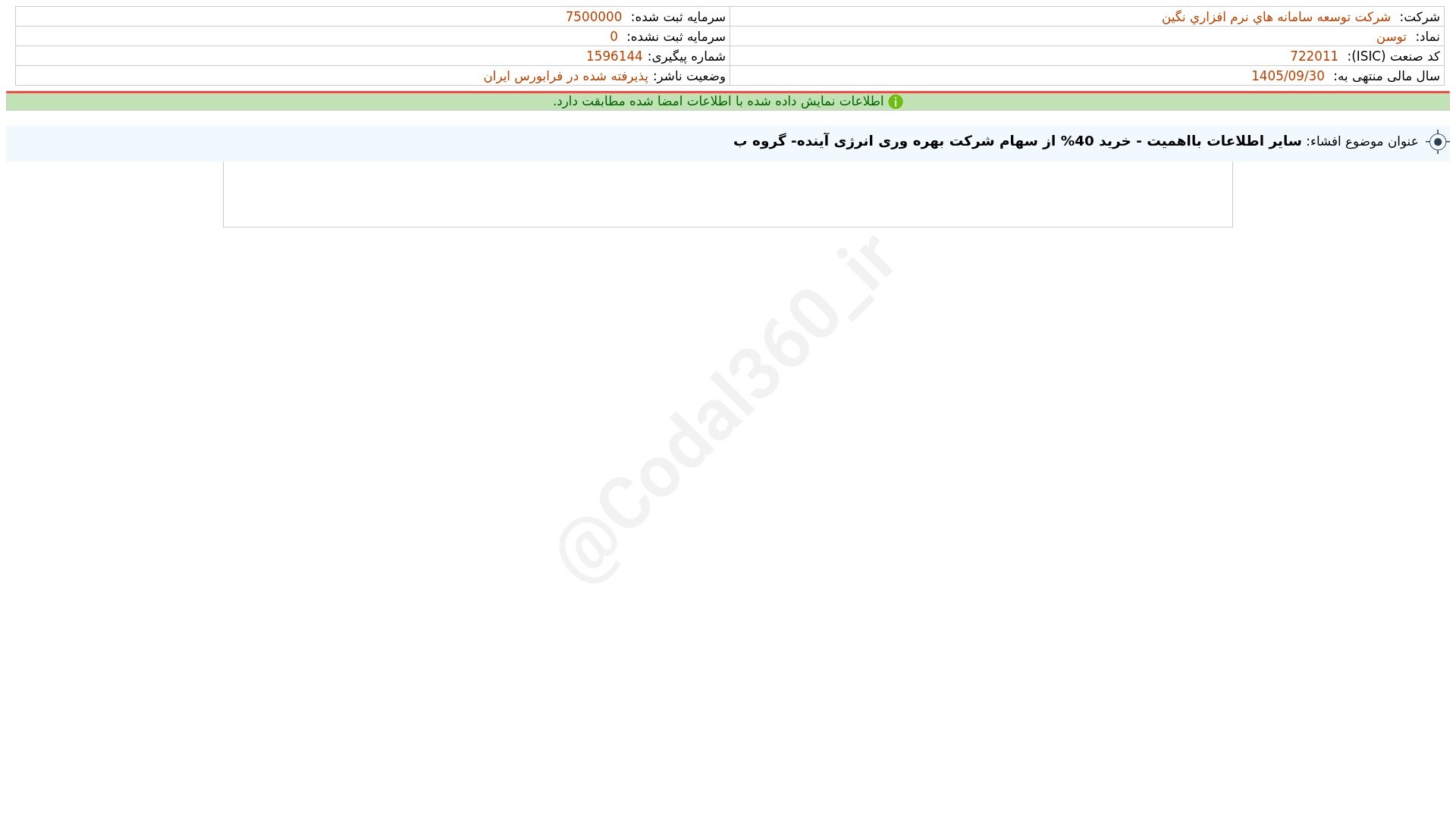 «توسن افشای اطلاعات بااهمیت - (سایر اطلاعات بااهمیت - خرید 40% از سهام شرکت بهره وری انرژی…» — تصویر پیوست