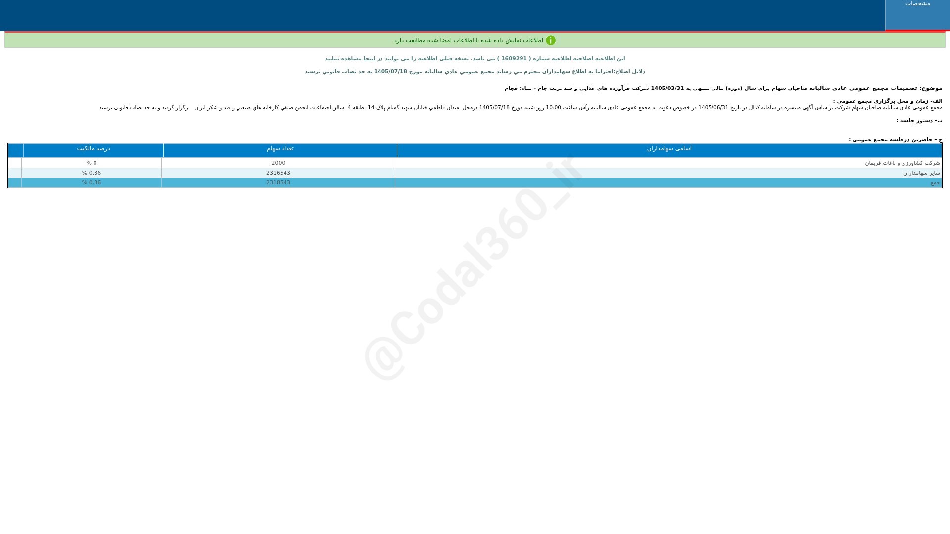 «قجام تصمیمات مجمع عمومی عادی سالیانه دوره 12 ماهه منتهی به 1405/03/31(اصلاحیه) شرکت…» — تصویر پیوست